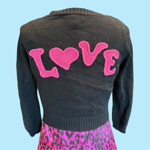 Rare Y2K Betsey Johnson Black Cardigan with Pink Love Motif size M - Vintage
